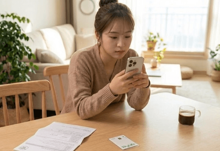 테이블에 앉아 스마트폰을 바라보고 있는 여성의 모습입니다. 테이블 위에는 스카이라이프 유심 카드와 통신 서류가 놓여 있어 셀프 개통을 준비하는 상황을 나타냅니다.