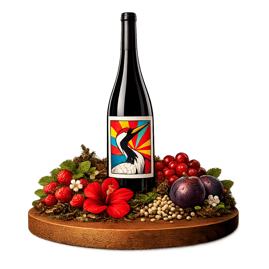 Artistic label and flavor profile for Hokkaido Pinot Noir on a rustic wooden table.