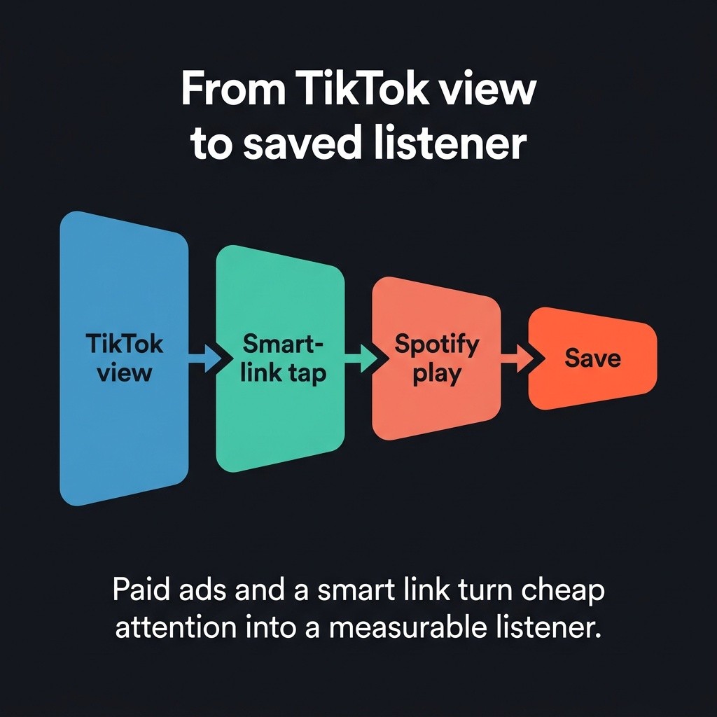 Funnel showing a TikTok view converting to a smart-link click, a Spotify play, then a save