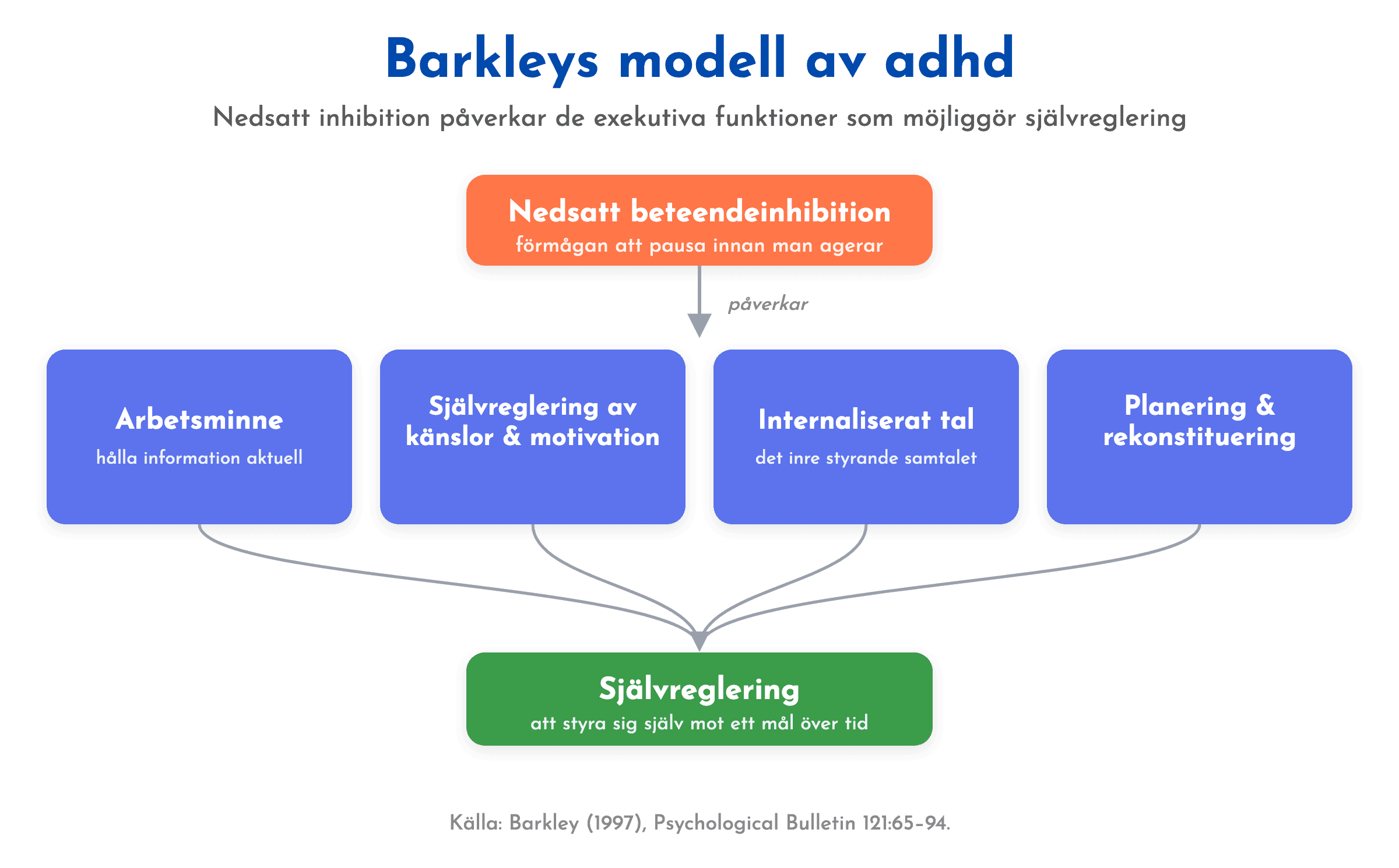 Barkleys modell: nedsatt inhibition påverkar fyra exekutiva funktioner som tillsammans möjliggör självreglering.