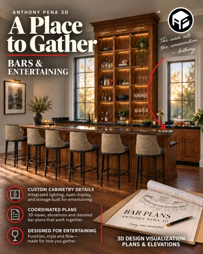 Concept bar cover with tall display shelves between windows and a curved serving counter.