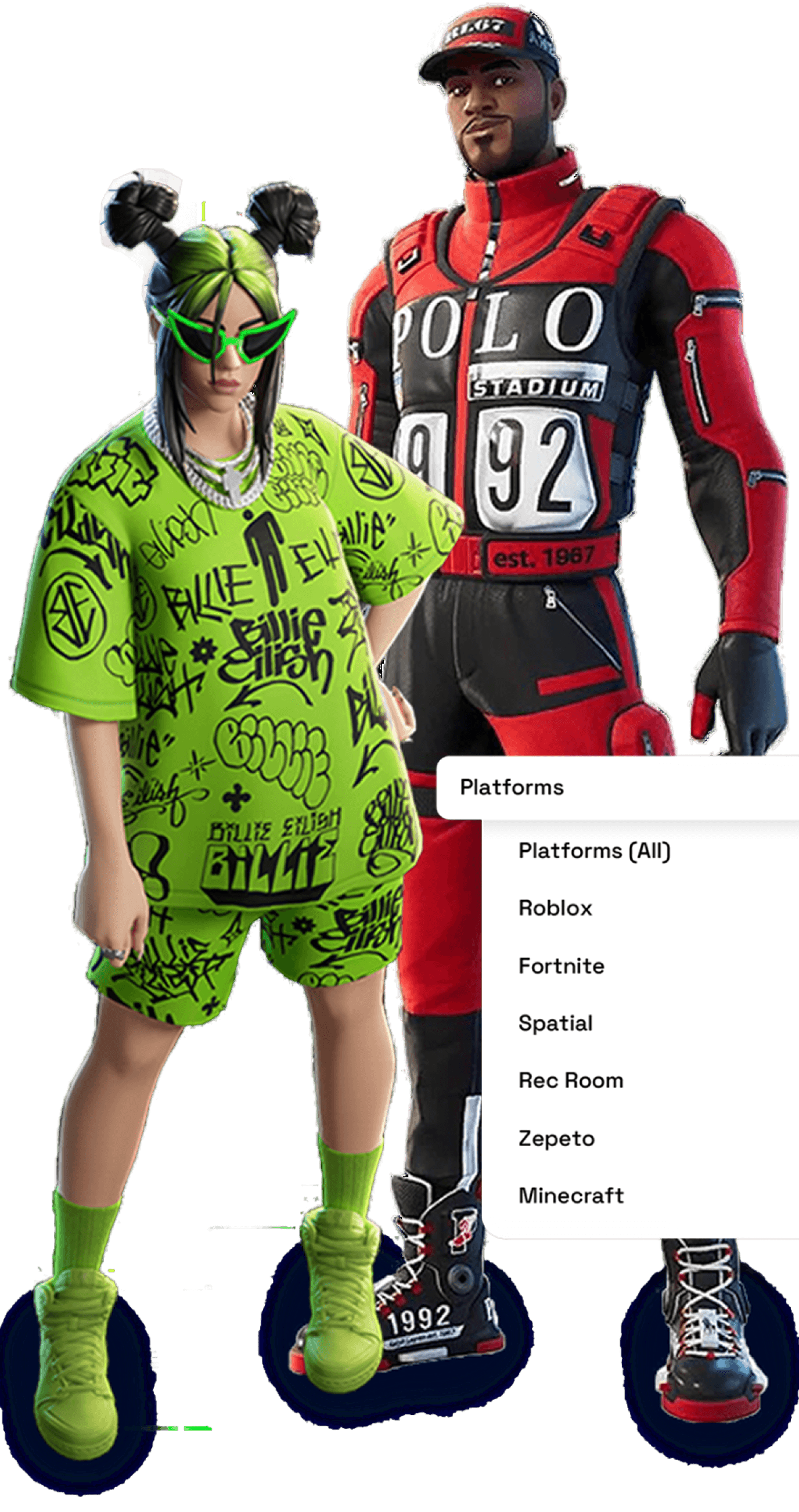 Billie Elish in neon outfit and a man in red and black Polo racing outfit