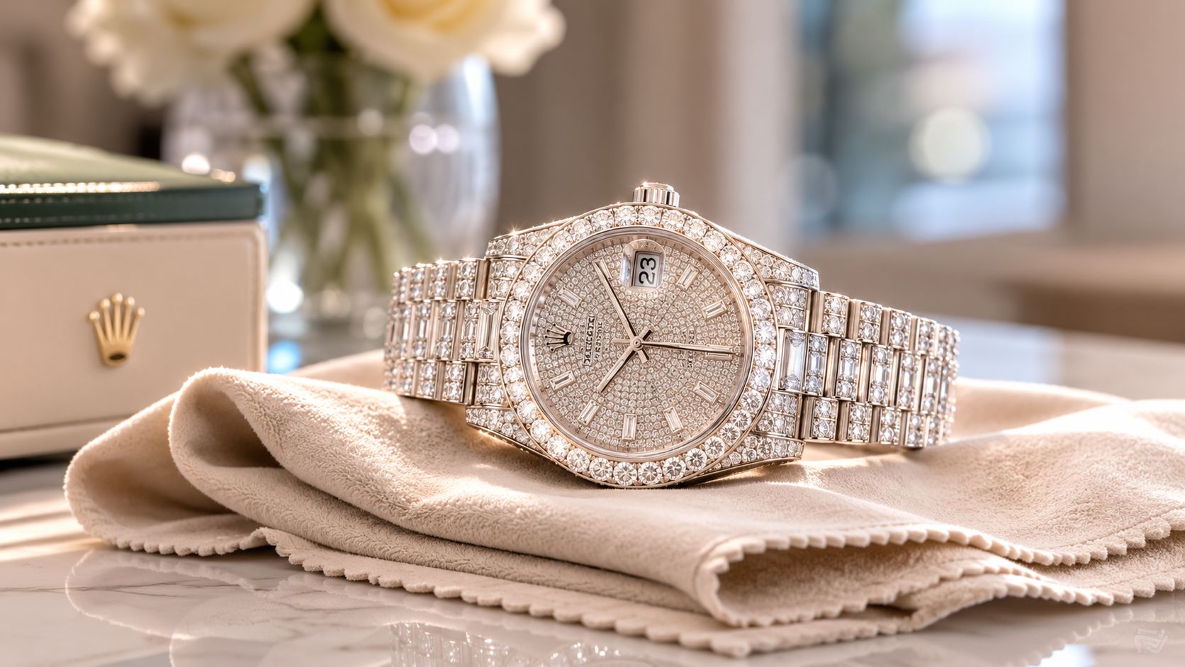 A luxurious rose gold diamond-encrusted Rolex watch resting on a soft beige cloth with a watch box nearby.