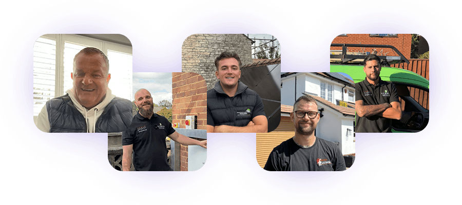 Five of our partnered solar installers smiling in front of their recent projects