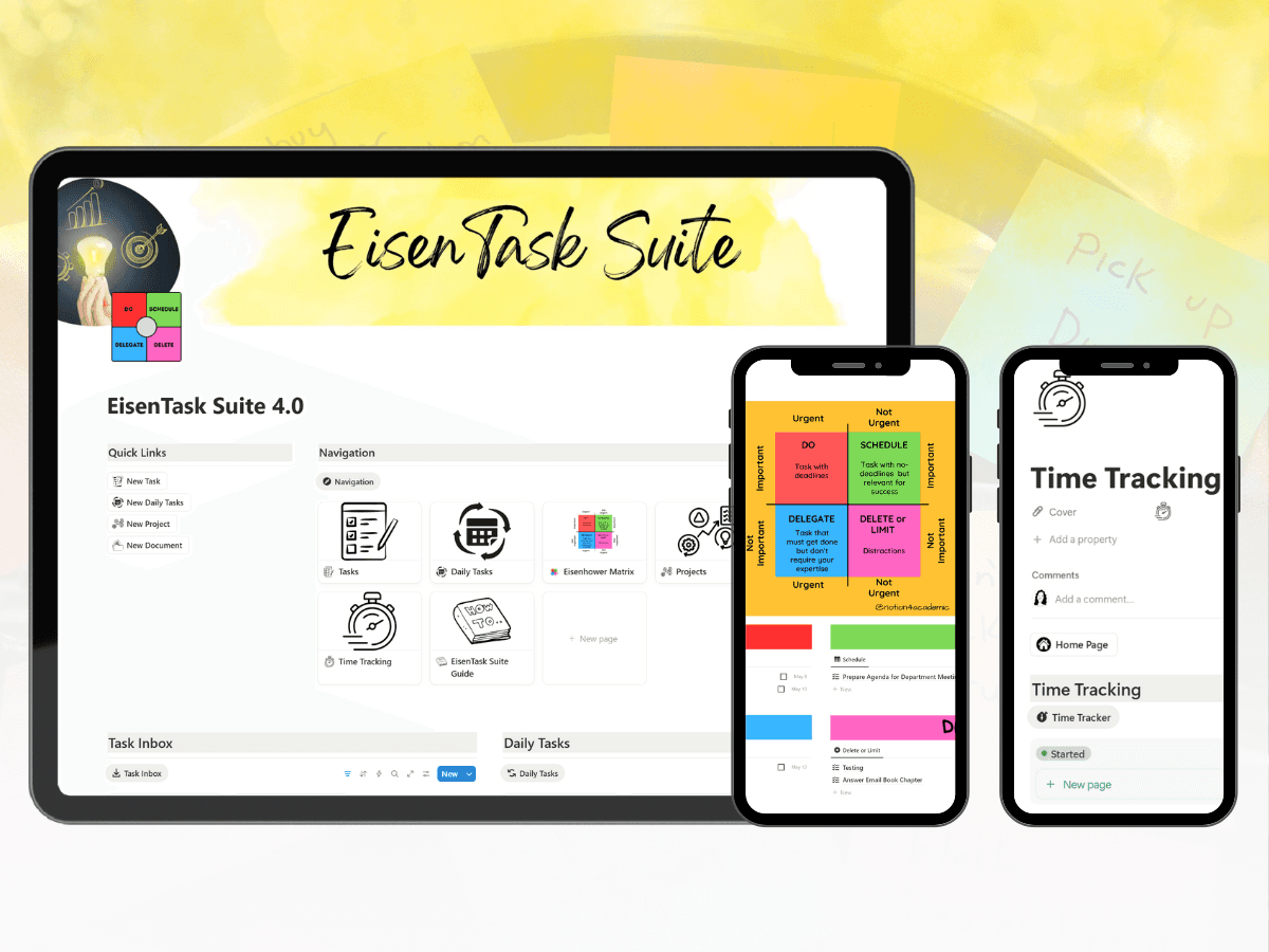 EisenTask Suite Notion template shown on tablet and mobile devices, featuring an Eisenhower Matrix for task prioritization and a built-in time tracker for productivity