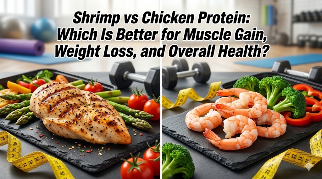 A split-screen fitness magazine cover comparing grilled chicken breast (left) and cooked shrimp (right) on dark slate plates. Each plate is accompanied by vegetables, a dumbbell, and a measuring tape, with a blurred gym background. Headline text reads: "Shrimp vs Chicken Protein: Which Is Better for Muscle Gain, Weight Loss, and Overall Health?"