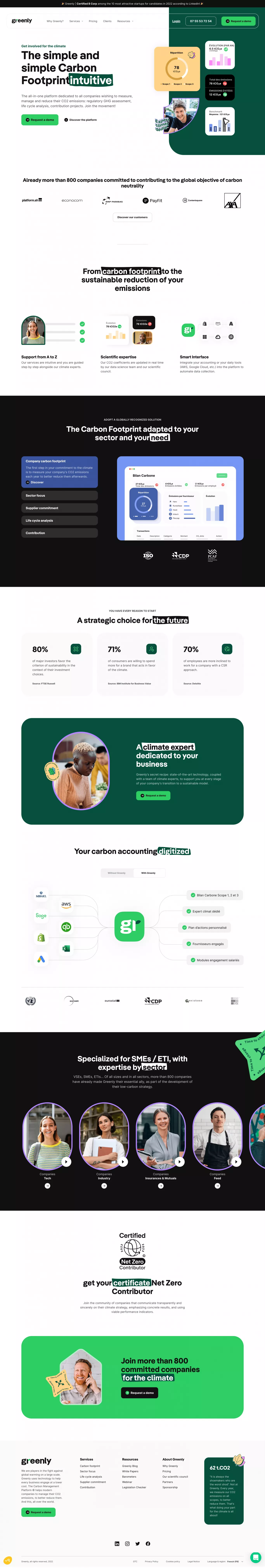 Greenly landing page screenshot showcasing Tech and Nature design