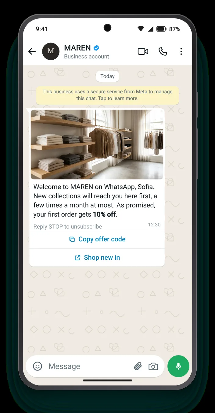 A welcome template after a website sign-up: WhatsApp greeting message on an Android phone