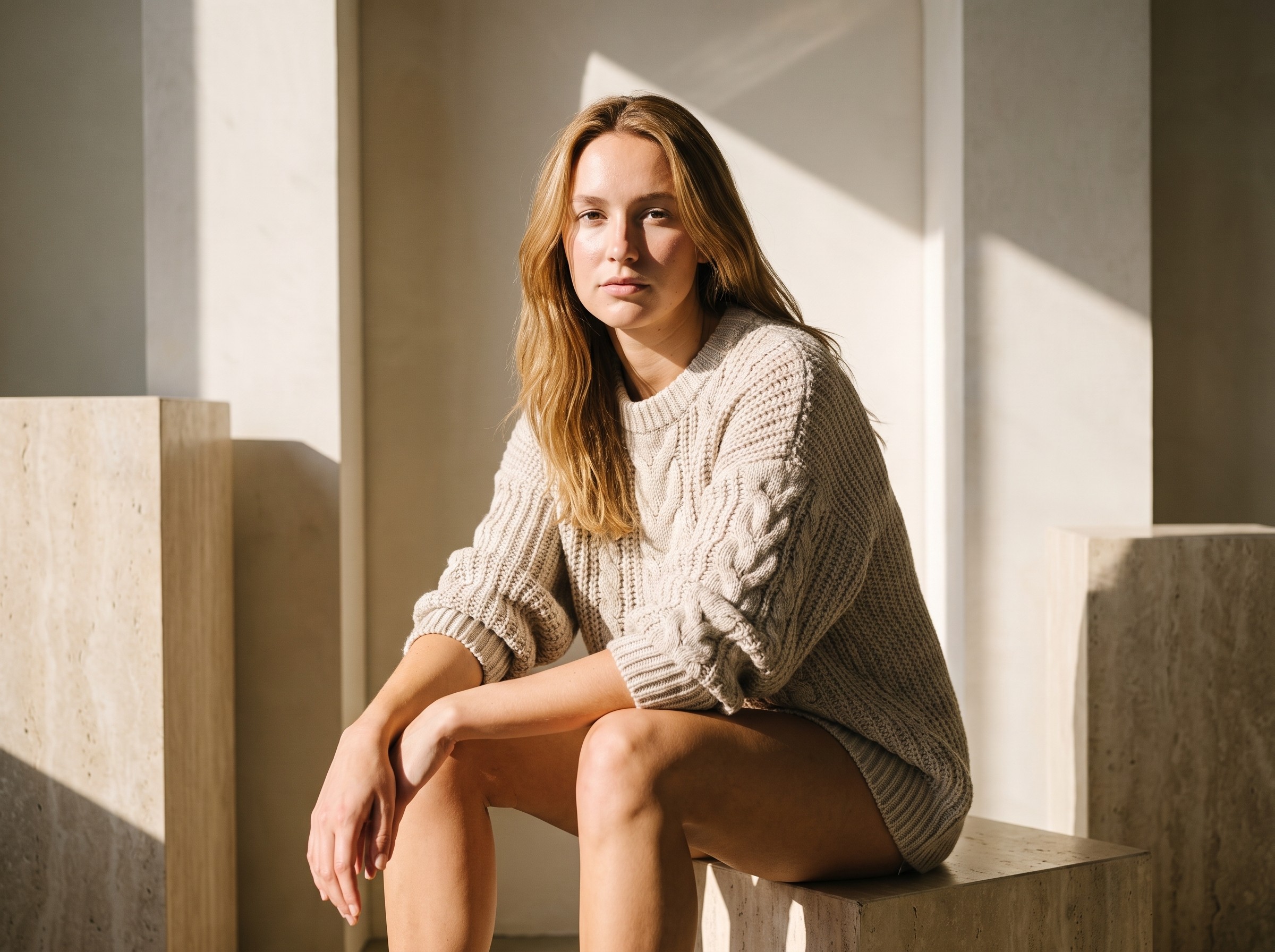 AI model in cable-knit sweater, hard sunlight