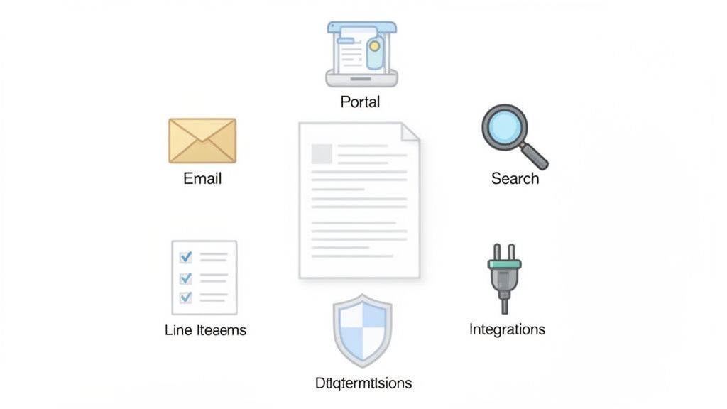 Diagram showing a central document surrounded by icons representing email, portal, search, line items, integrations, and permissions.