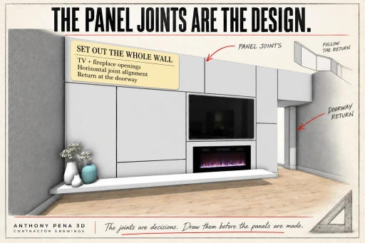 Panel-wall cover with television and fireplace openings above a long hearth beside a doorway.