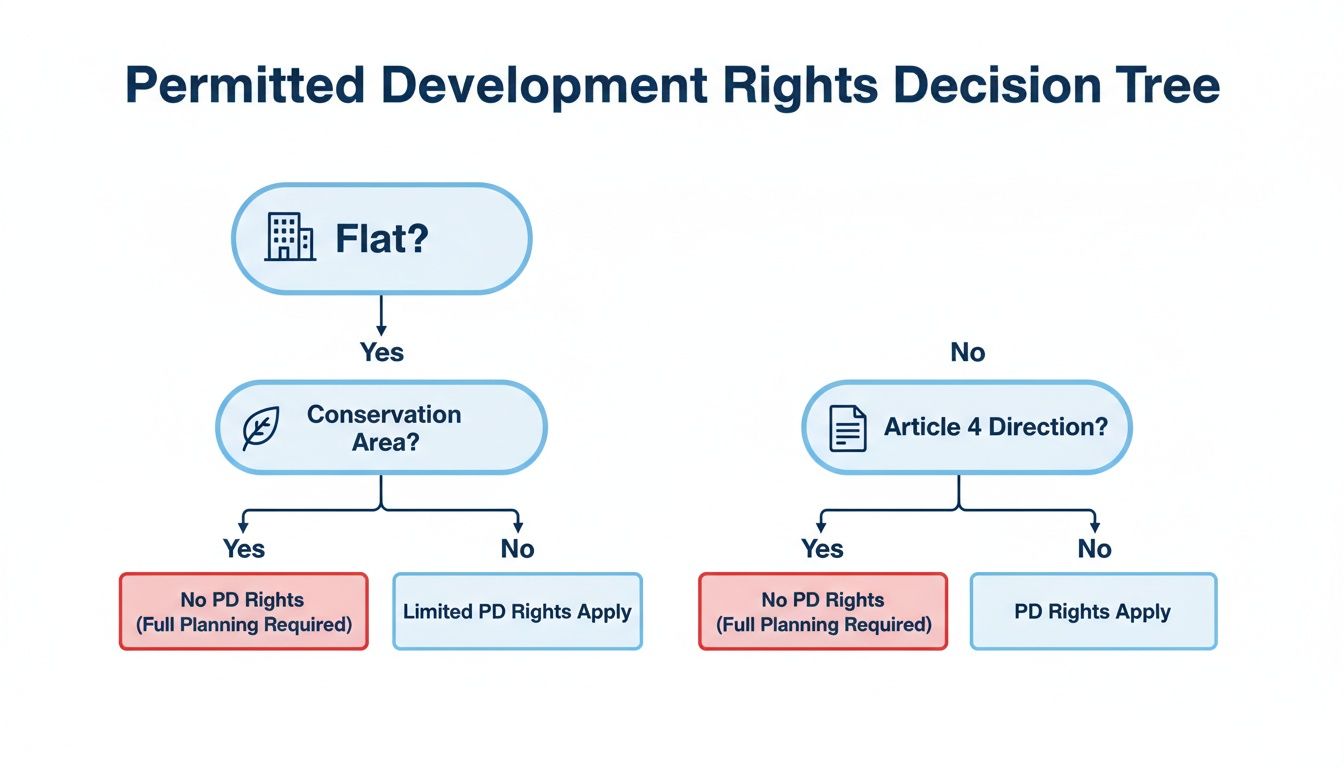A decision tree flowchart illustrating permitted development rights based on property characteristics and area rules.