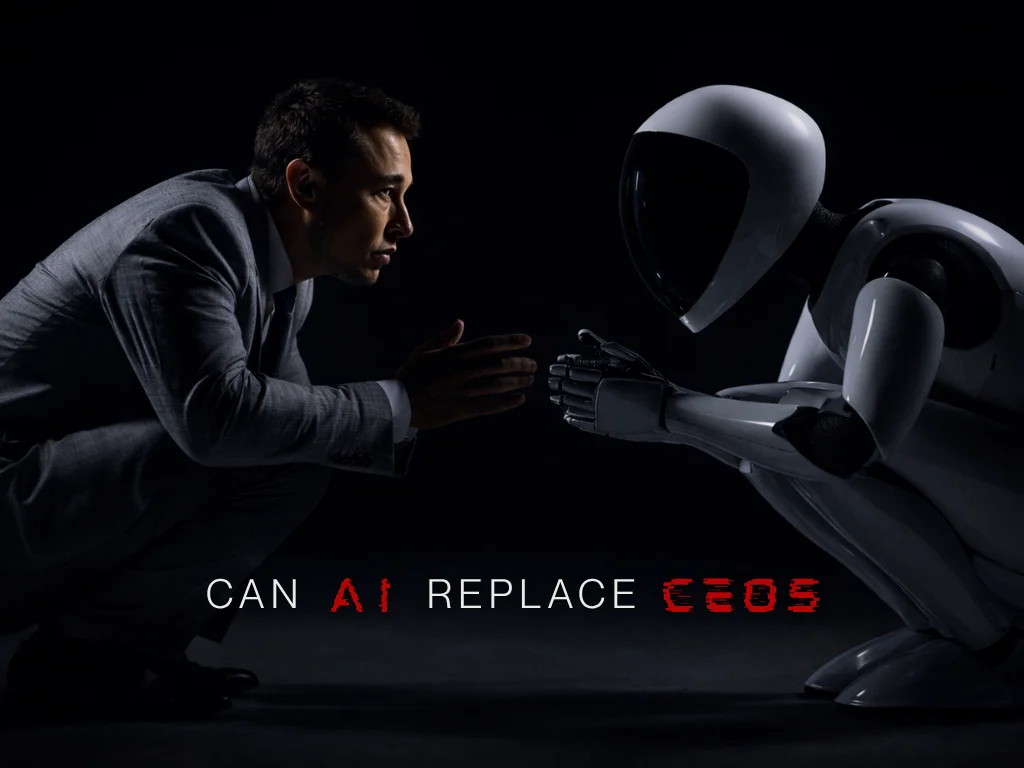 Blog cover image: a CEO faces a humanoid robot in a tense face-off — illustrating the question of whether AI can replace human leadership and CEO decision-making.