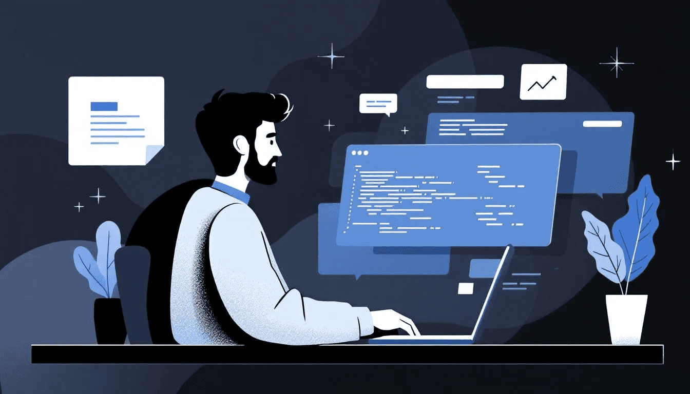 An illustration of a candidate preparing for a technical interview.