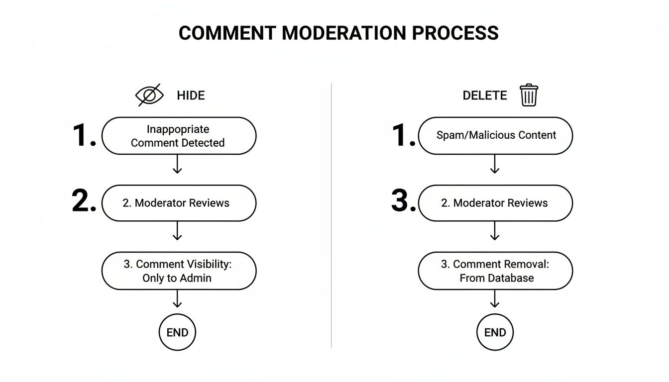 Flowchart illustrating two comment moderation processes: 'Hide' for inappropriate content and 'Delete' for spam.