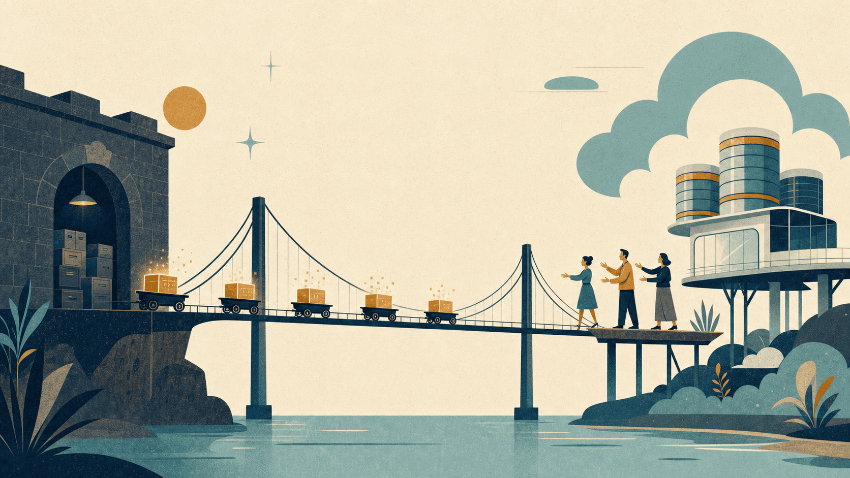Illustration einer Brücke zwischen Legacy-Datensystemen und einer modernen Cloud-Datenplattform
