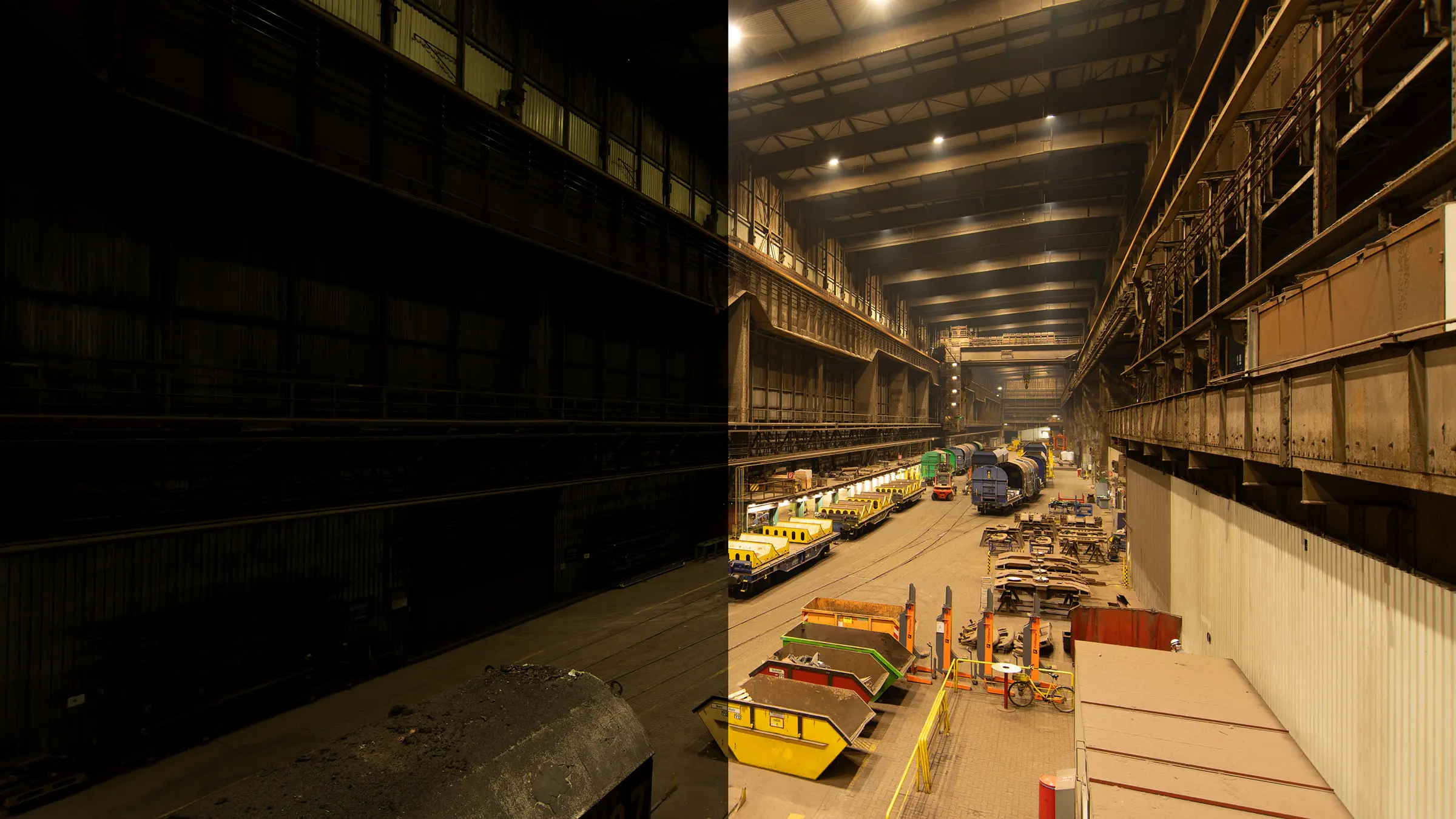 Industriehalle vor und nach LED-Lichtoptimierung durch CONLED – deutliche Verbesserung der Helligkeit