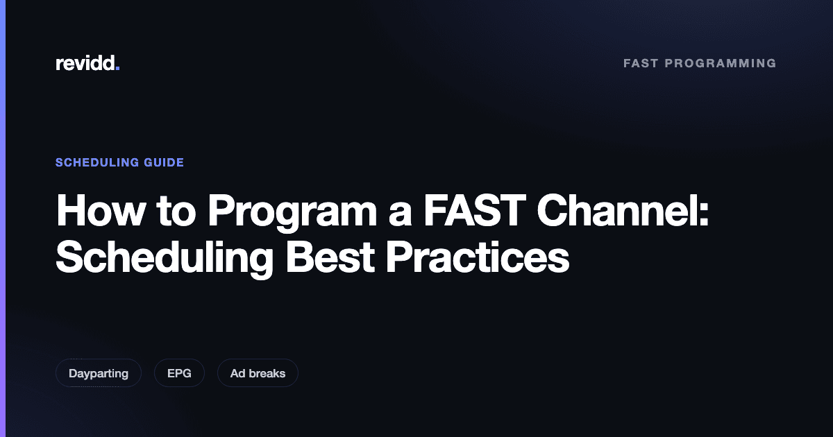 Revidd drag-and-drop Program Manager scheduling a 24/7 FAST channel lineup on an hourly timeline