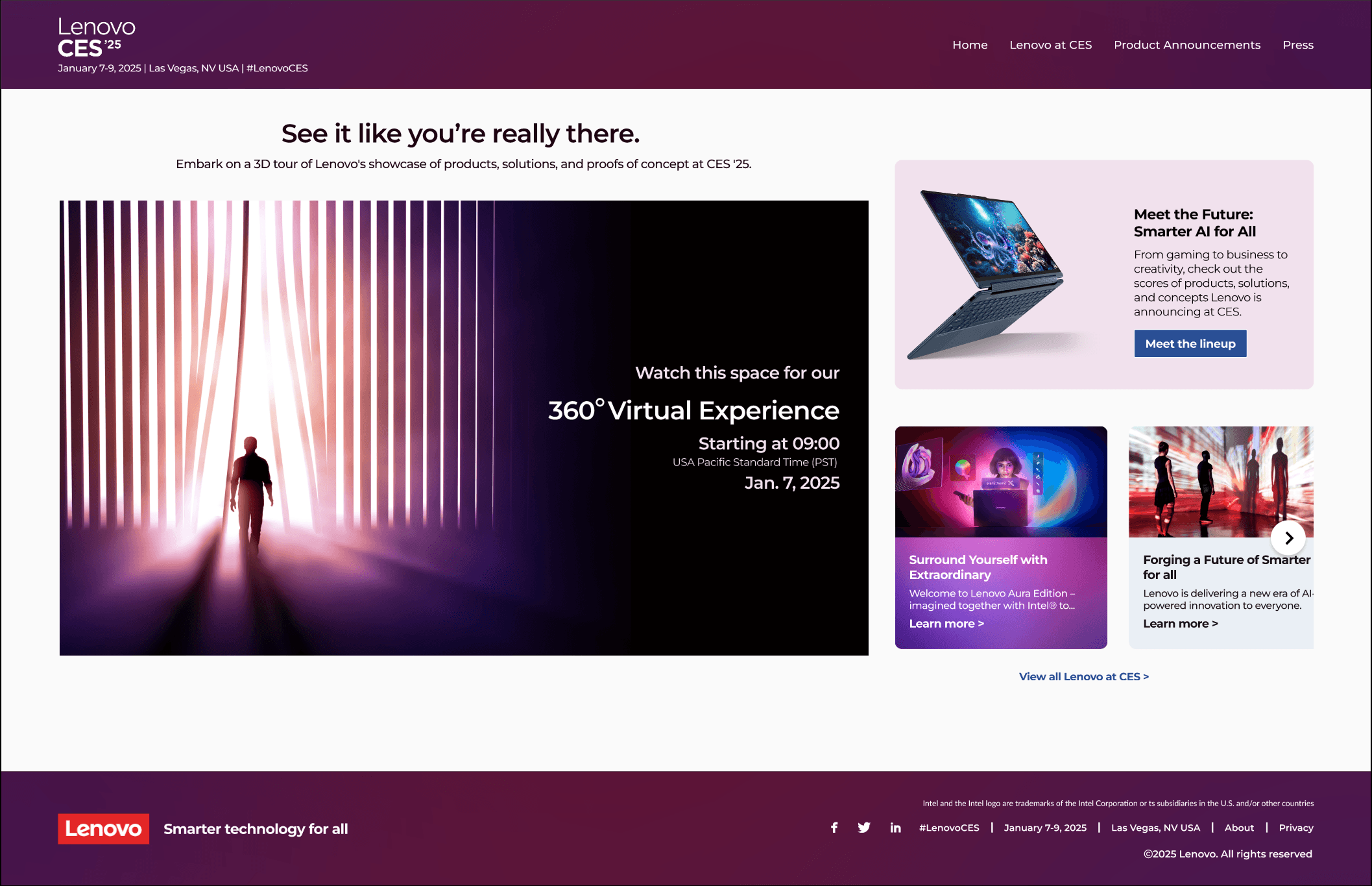 CES event microsite headlined See it like you're really there, with a 360-degree virtual experience section