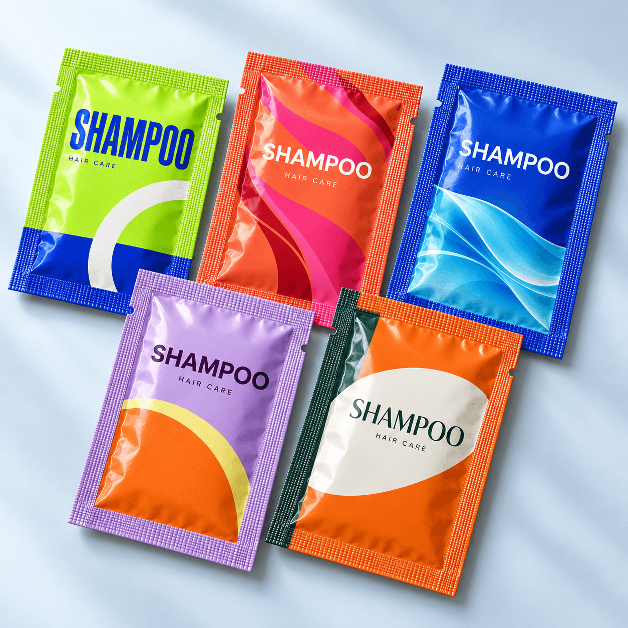 Five individually sealed shampoo sachets in lime, coral, blue, purple and orange on a pale blue-grey background.