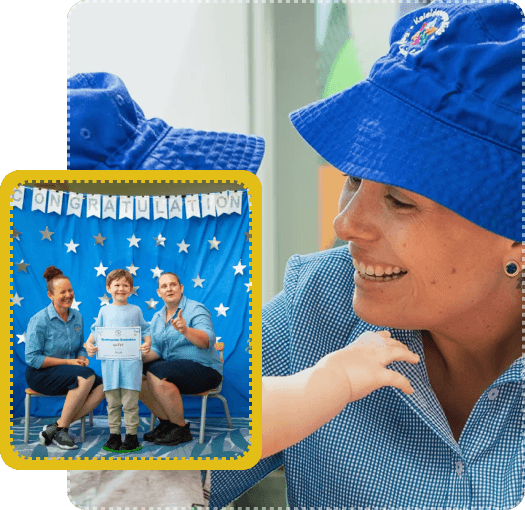 Kaleidoscope Kids educators smiling with children during a classroom celebration, showing a child holding a certificate while another educator interacts warmly with a baby.