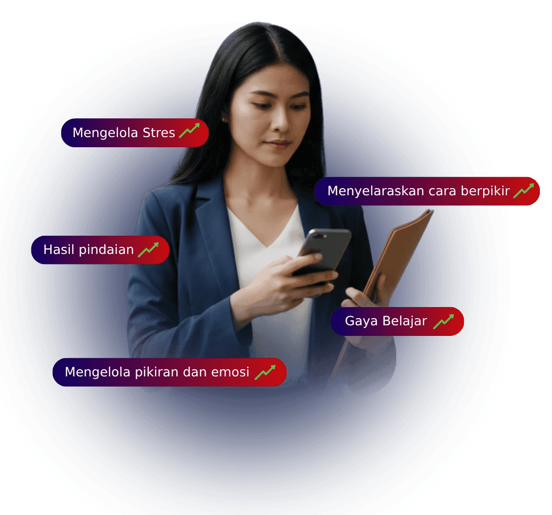 Seorang wanita berjas bisnis memegang ponsel pintar membaca laporan otaQku, menunjukan hasil brain profiling otak yang baik