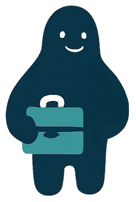 A smiling, dark-colored Ai agent holds a light teal briefcase, set against a plain background.