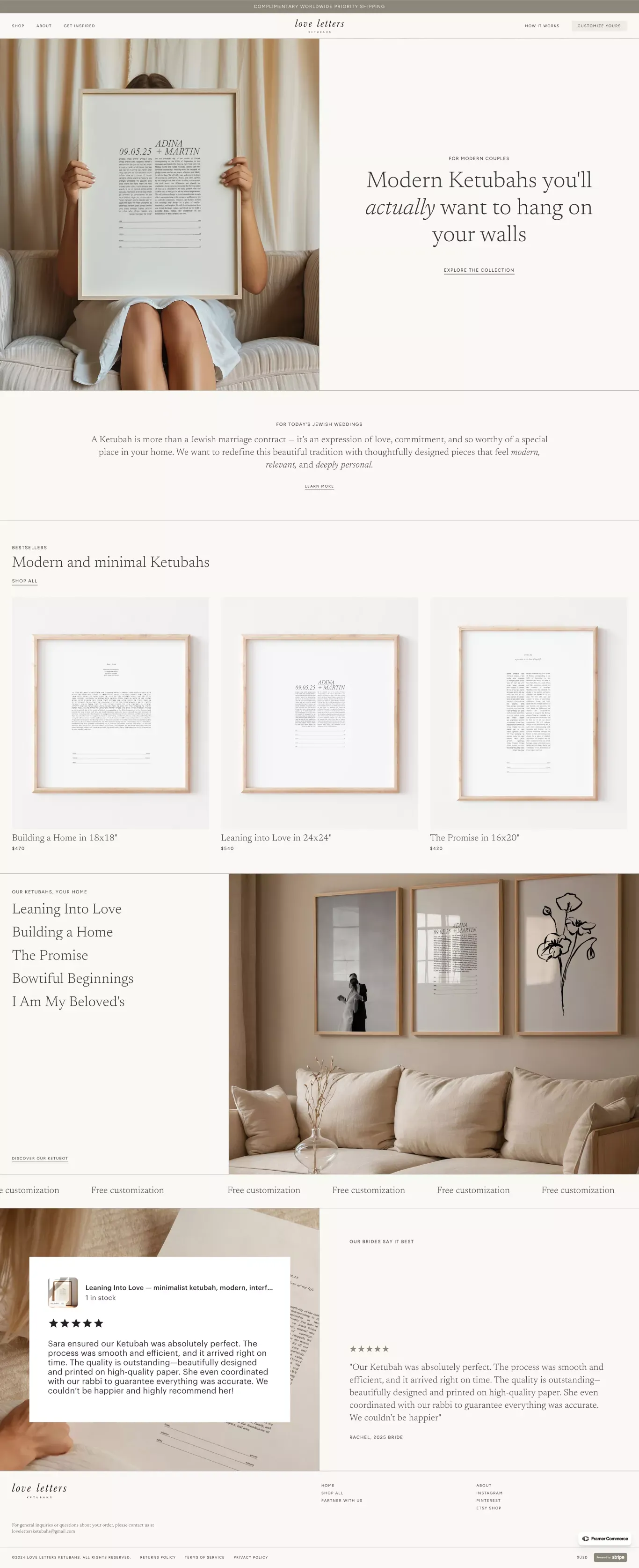 Love Letters Ketubahs - Modern, Premium portfolio page screenshot showcasing Design and Ecommerce design