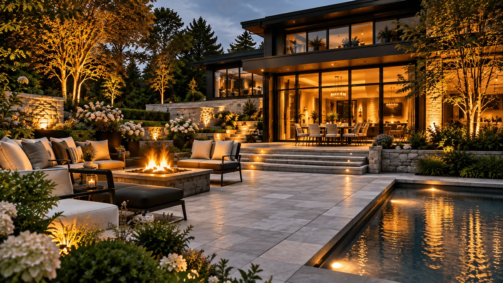 Fire-pit lounge on a stone terrace beside the pool, with the house glowing at dusk