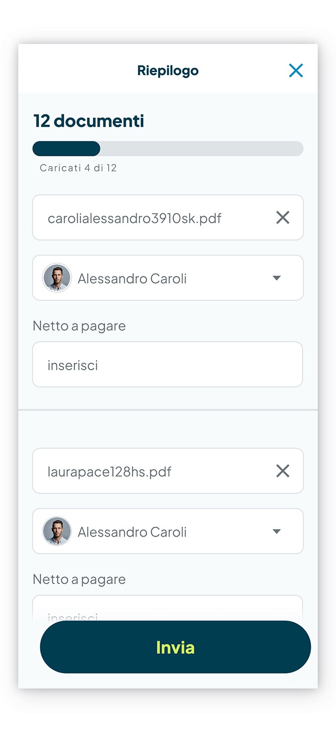 Schermata della funzionalità Documenti di Fluida in cui vengono caricati più documenti insieme, mostrando la progressione del caricamento