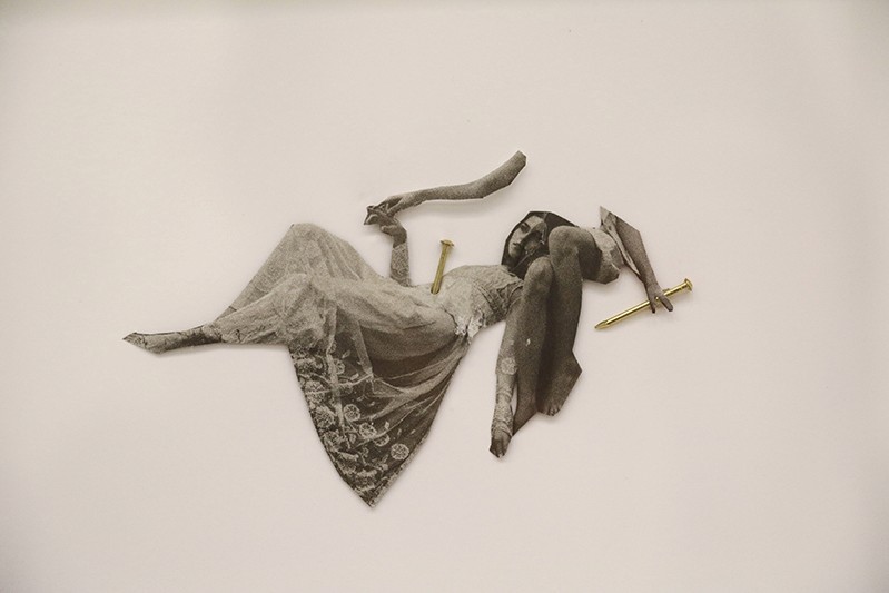 composite image of a woman resting on her back and holding a part of a hand, and next to her are the feet of another person