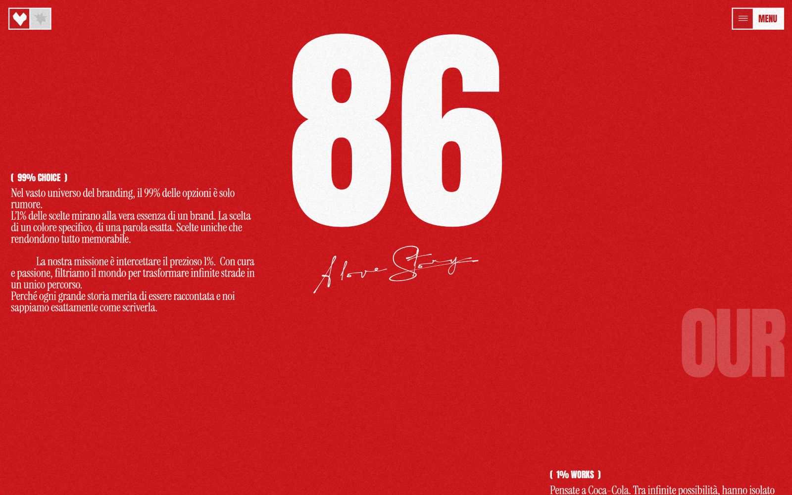 Red background with large white "86" centered. Signature script beneath. Menu icon in top right; heart icon in bottom left.