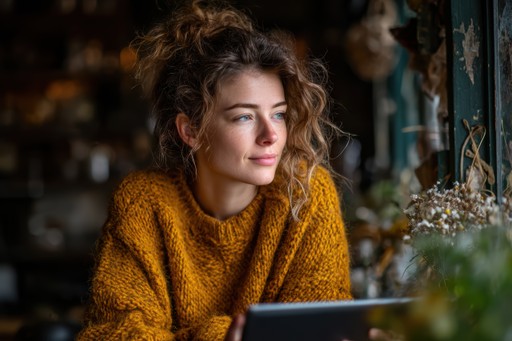 Woman with curly hair sitting at a cafe table using a laptop.