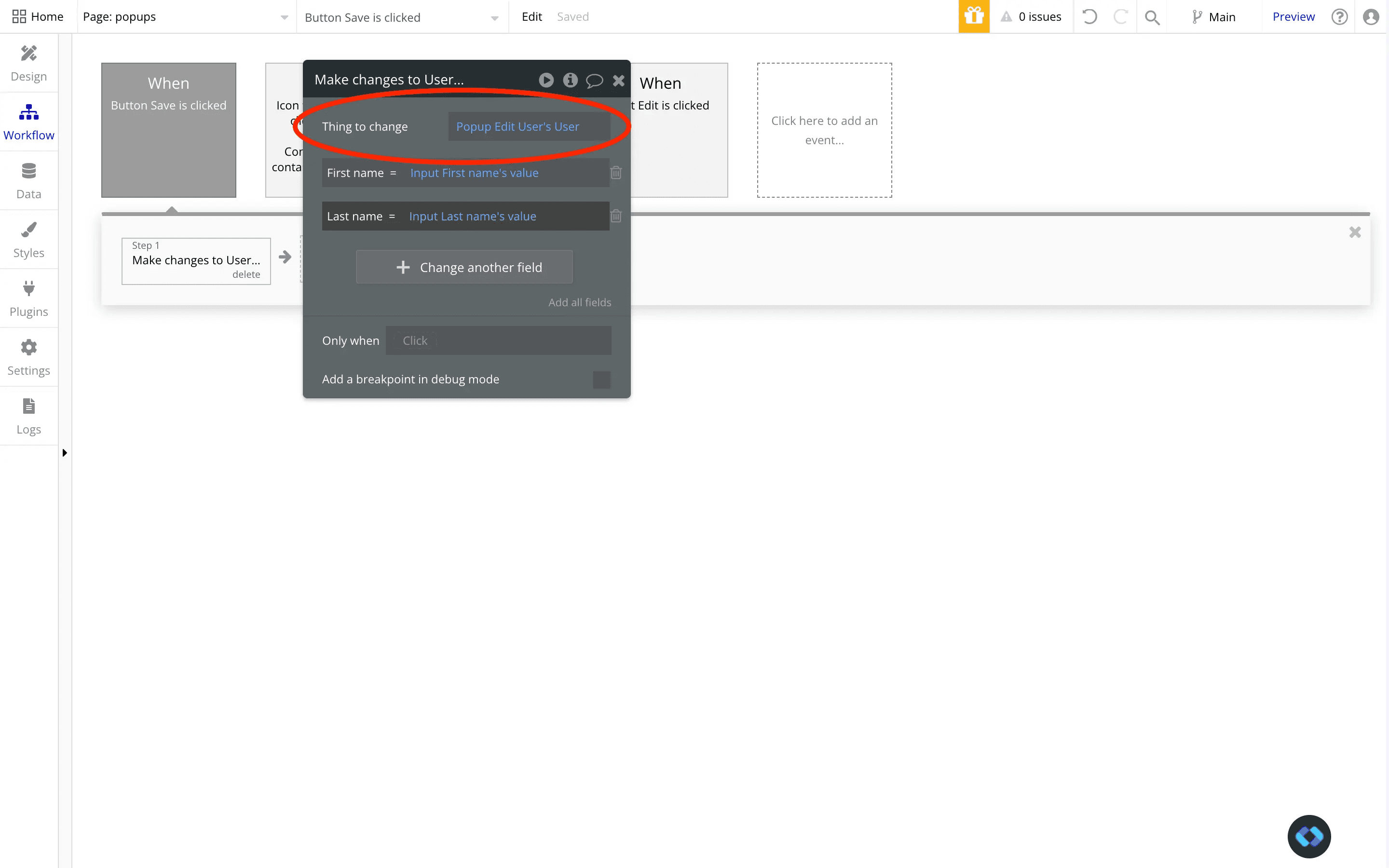 modifying a thing from a popup in bubble
