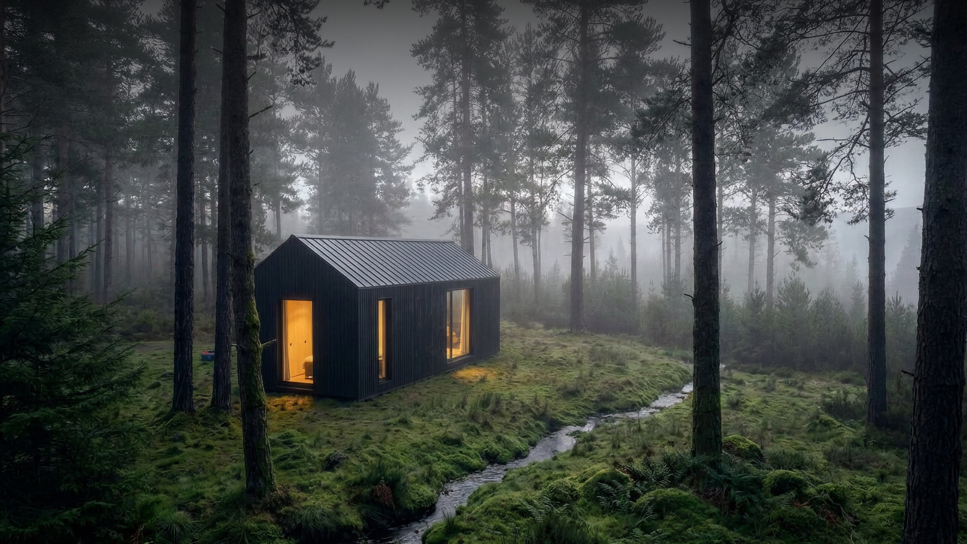 Karkasinis namas miške su degintos medienos fasadu