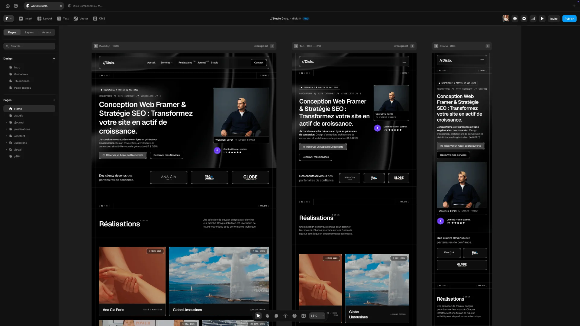 Screenshot de l'interface framer présentatn les 3 écrans : canvas, propriétés et calques