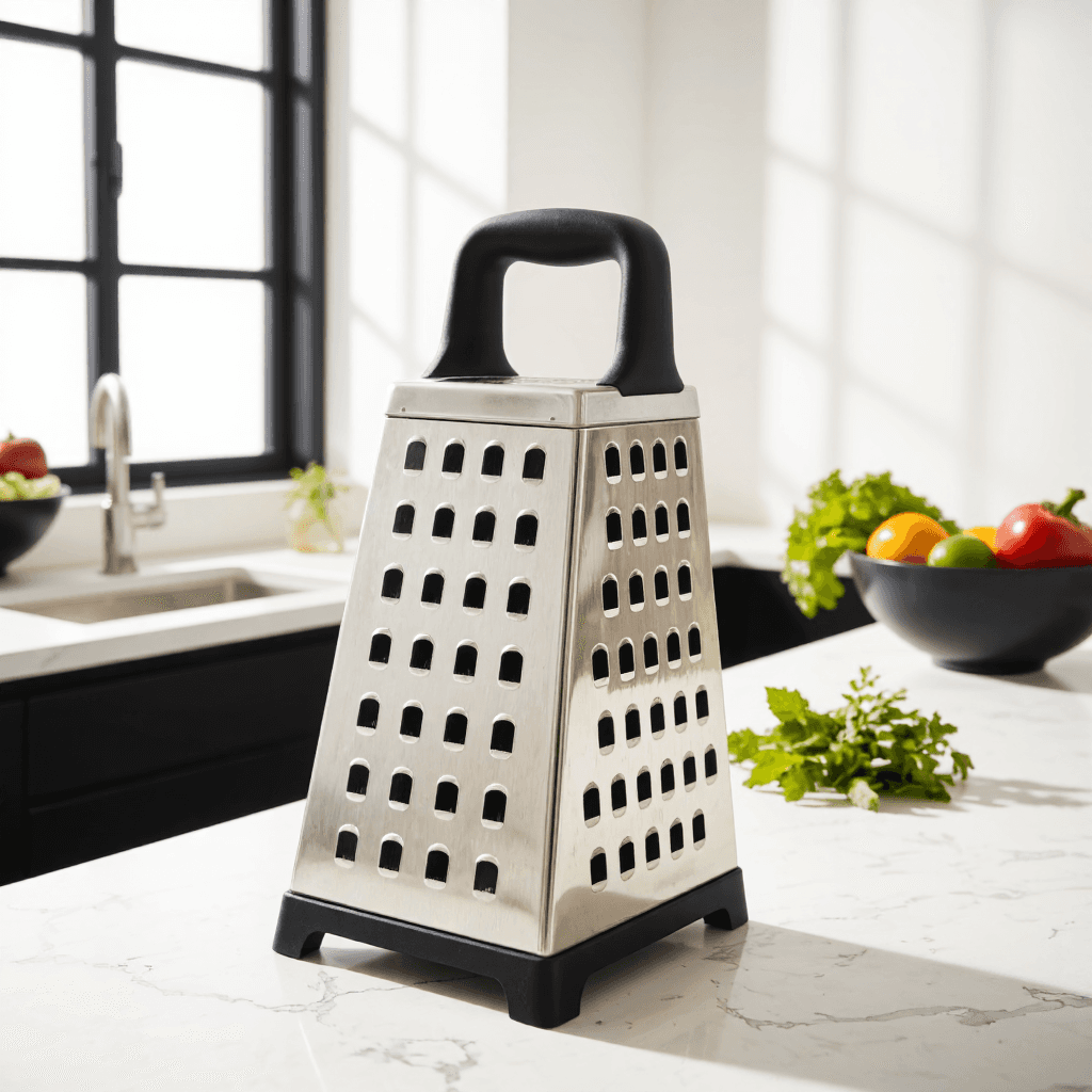 product photography of a stainless steel grater with a black handle, used for grating food items like cheese and vegetables