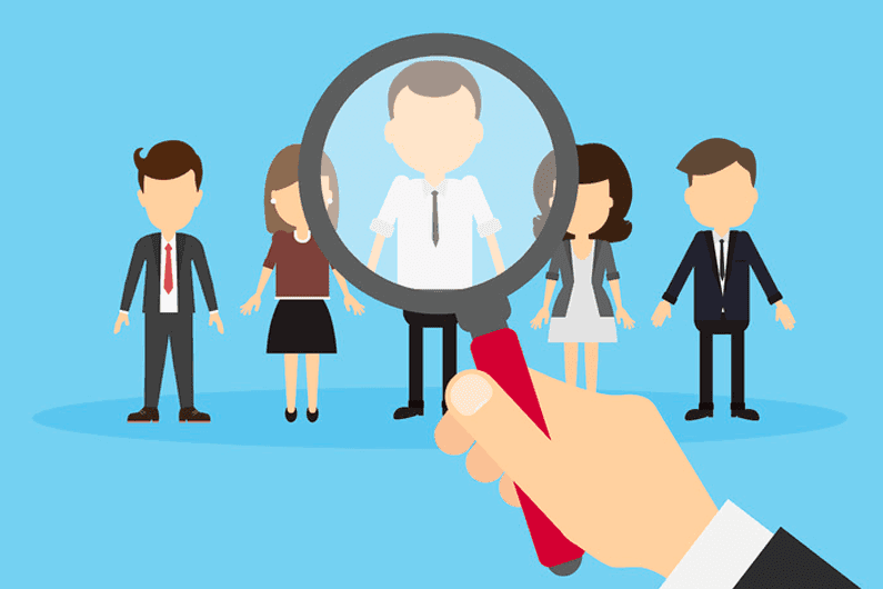 Recruitment concept: magnifying glass on a person in a group.