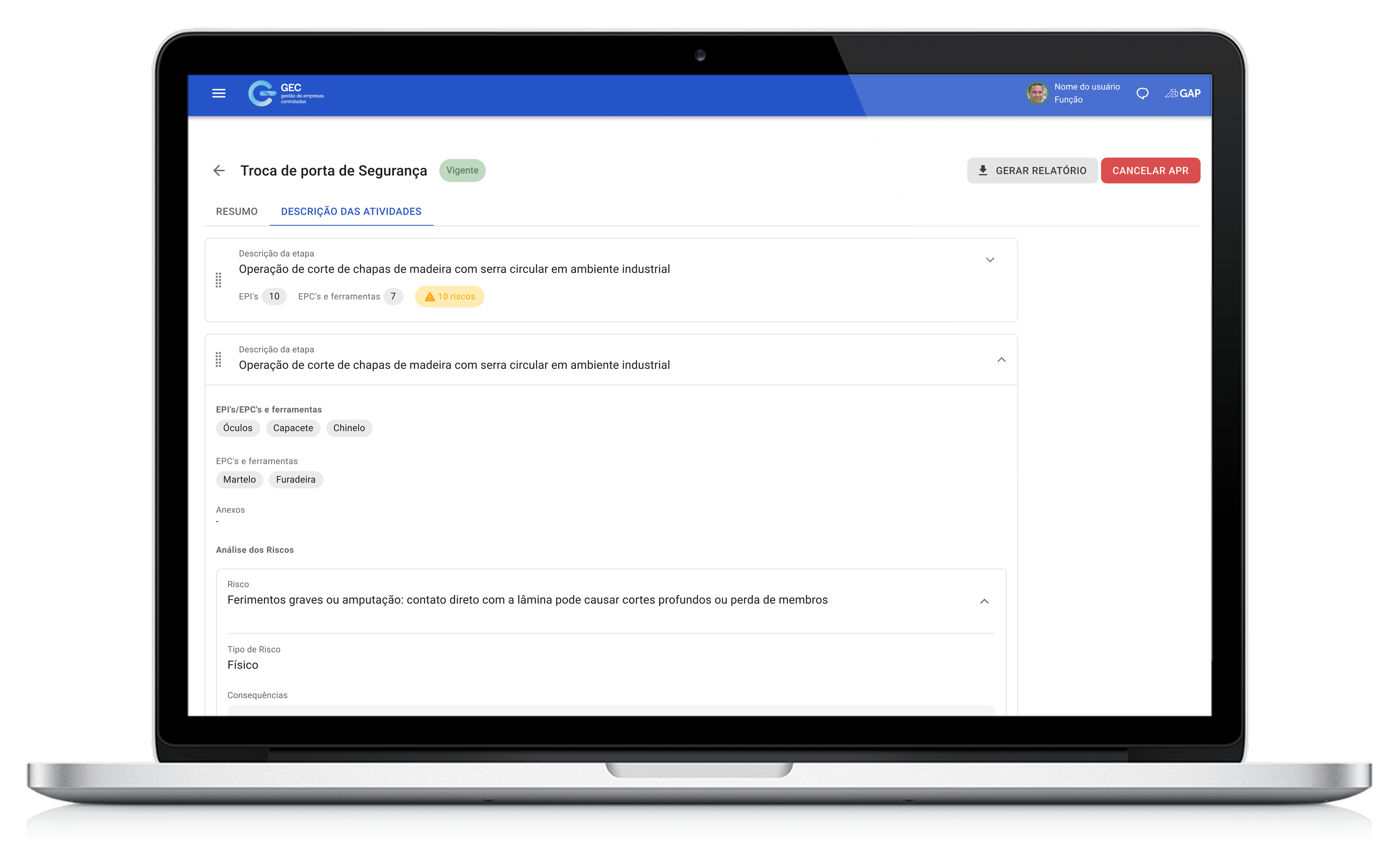 Tela do sistema da GAP, mostrando a parte de Análise preliminar de risco