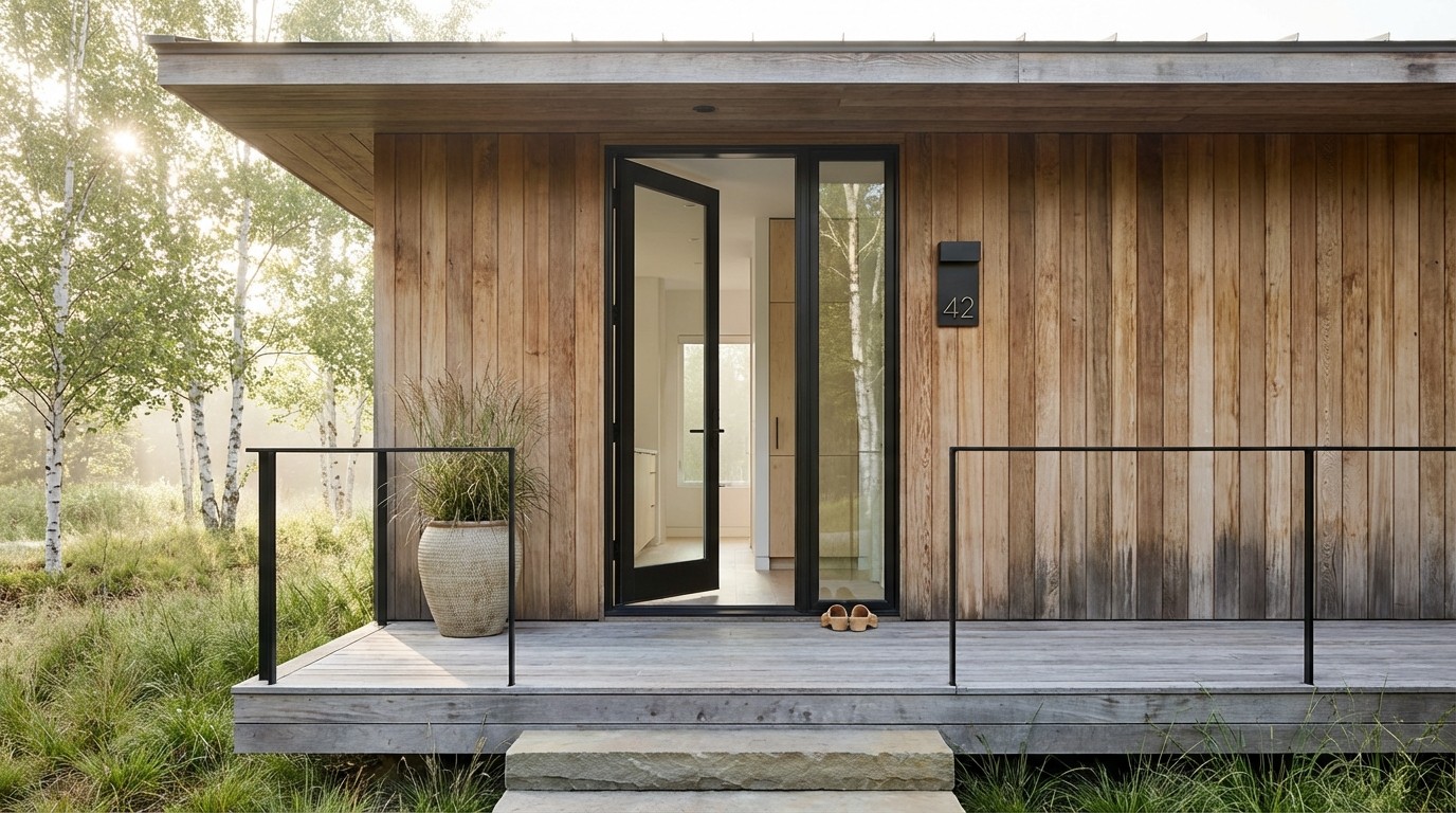 Tiny home entrance with weathered cedar siding, glass door, and elevated wooden deck