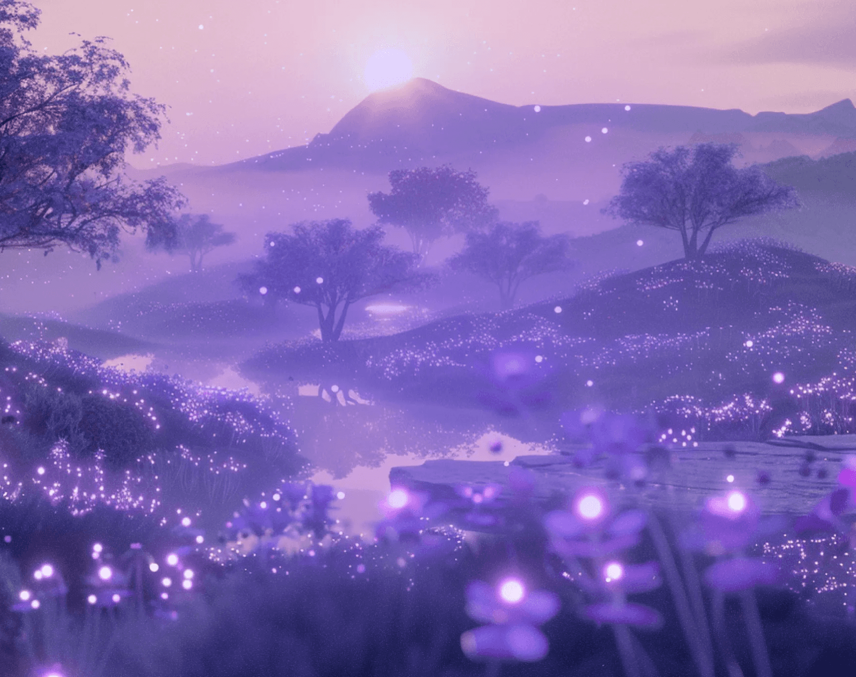 Purple misty landscape with soft glowing flowers and distant mountains at sunrise.