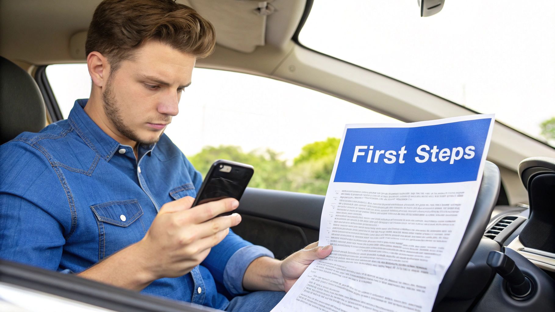 A young man in a denim shirt sits in a car, looking at his smartphone while holding a document titled “First Steps”.