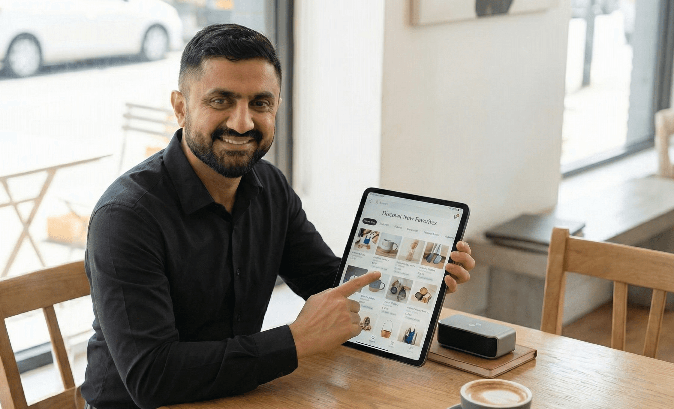 Creative workspace with large windows and a wall full of inspiration boards.