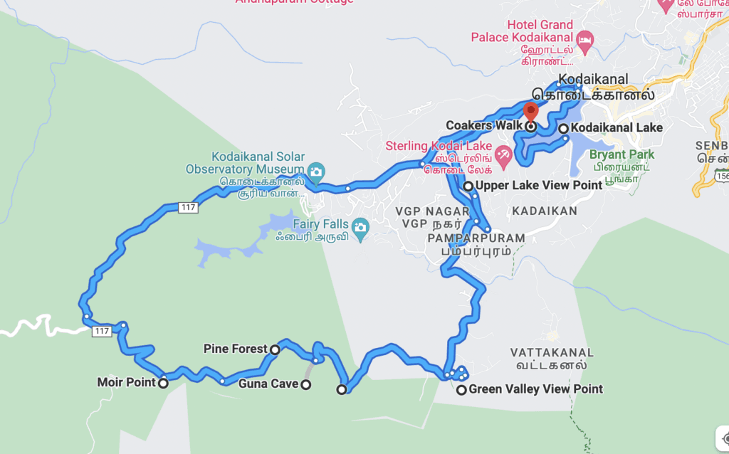 Google map showing the loop directions from Kodaikanal lake to Coaker's Walk.