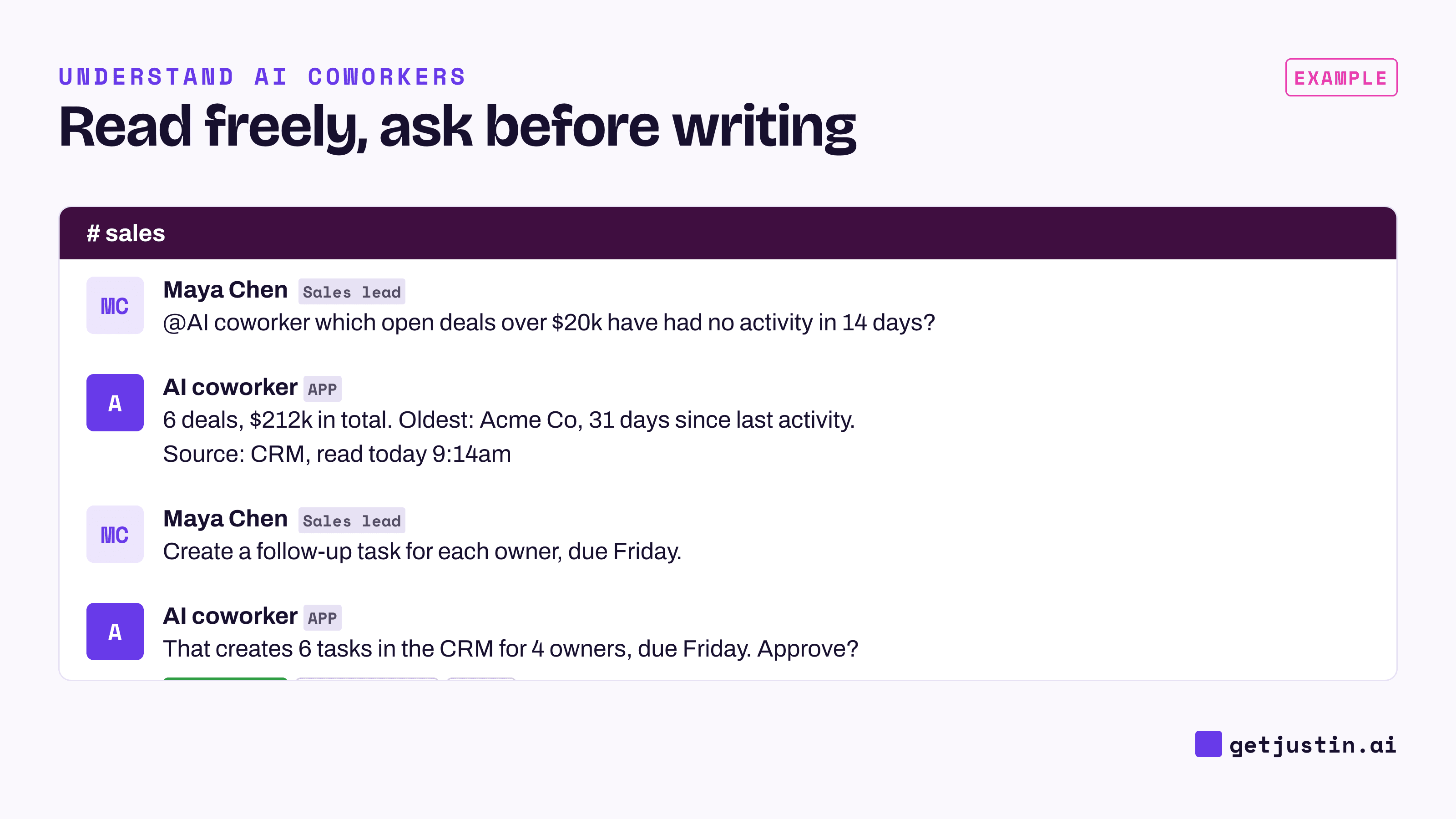 Example thread: an AI coworker lists stale deals from the CRM, then asks approval before creating follow-up tasks