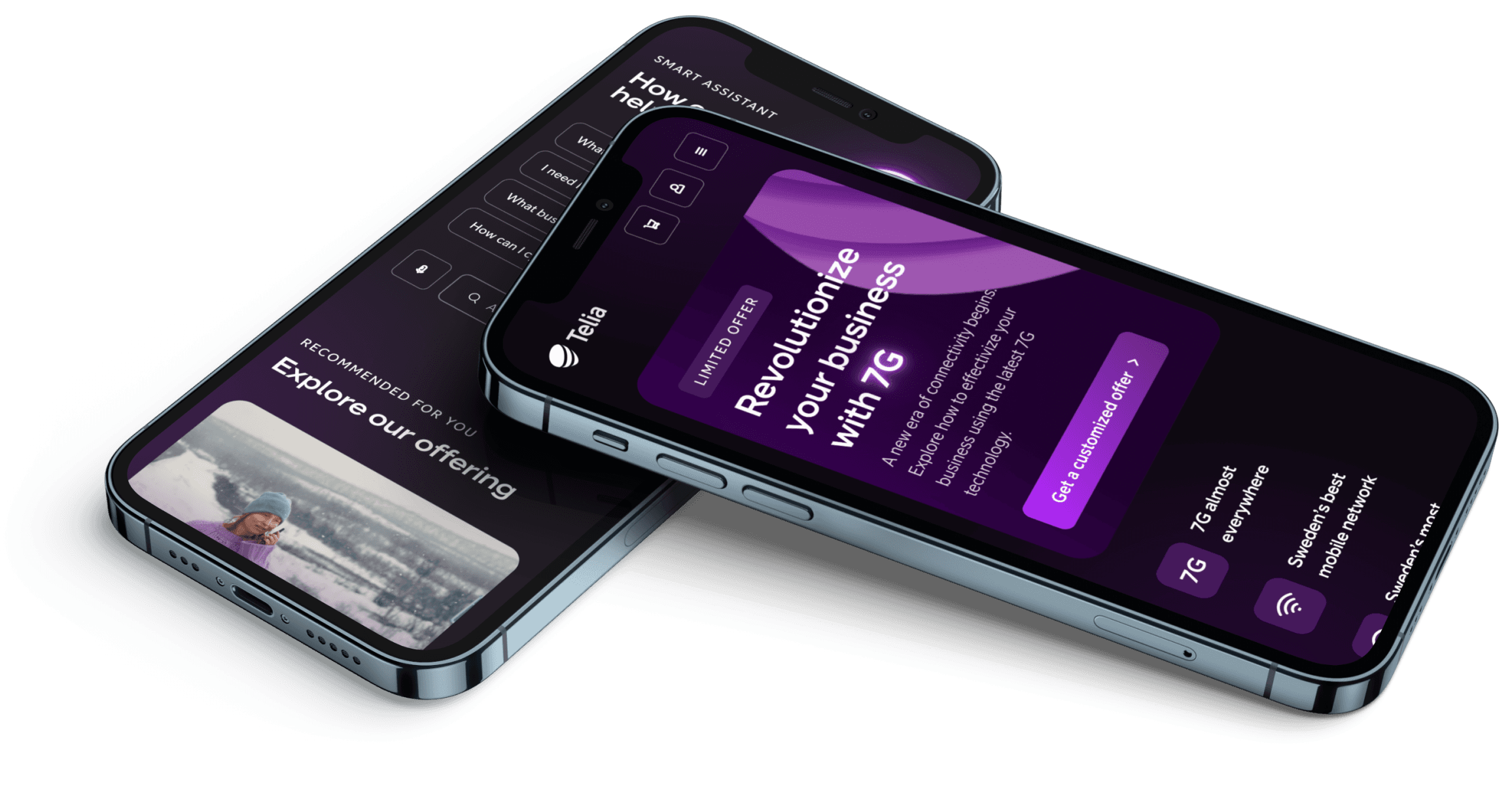 Mockup of two mobile phones showing Telia's UI.