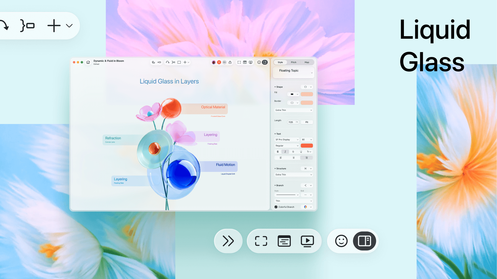 Xmind for macOS displaying the Liquid Glass design language, with a translucent properties panel floating above a mind map canvas, surrounded by soft floral imagery.