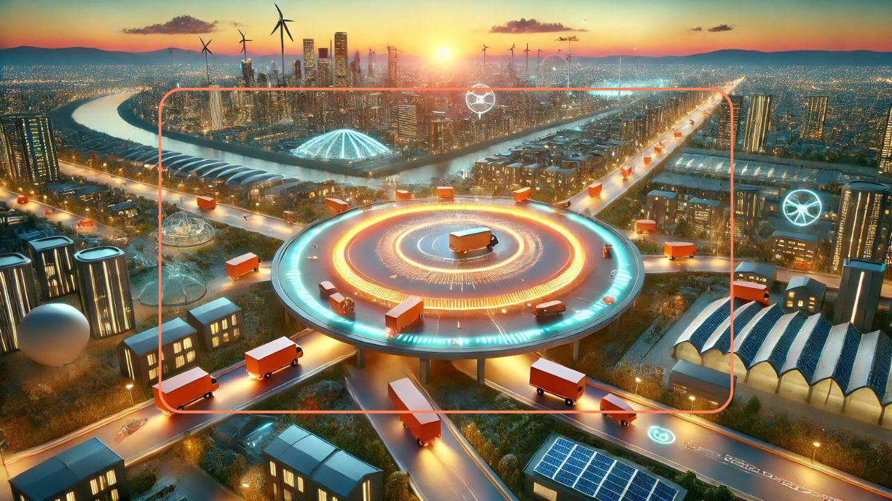 uturistic city with trucks moving on glowing circular and elevated roads powered by renewable energy