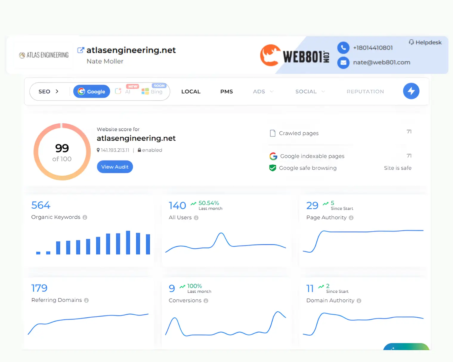 WEB801 digital marketing SEO dashboard displaying atlasengineering audit results and metrics.