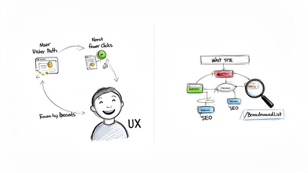 Diagram illustrating user experience (UX) path optimization and website structure with SEO and breadcrumb navigation.